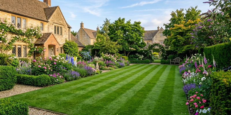 A striped, freshly mown lawn in front of a stone cottage, bordered by rose beds, clipped hedges and a gravel path with a wooden bench