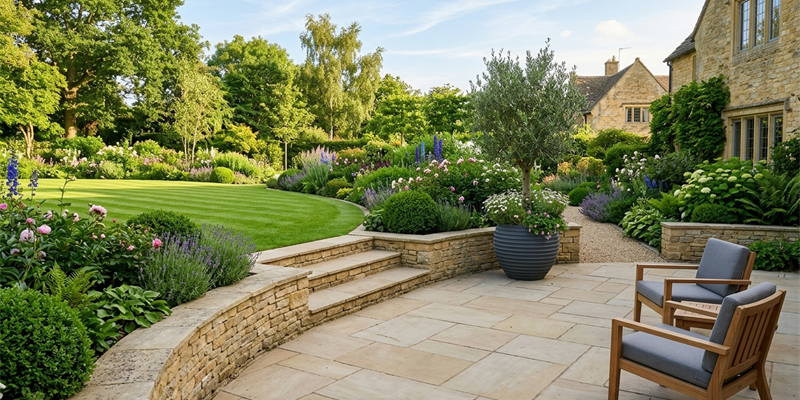 A stone-paved terrace with curved stone steps up to a curved lawn, a large dark planter with an olive tree and two wooden chairs