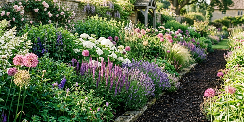 A densely planted garden border with purple alliums, salvia and pale flowering perennials beside a mulched path and a low stone wall