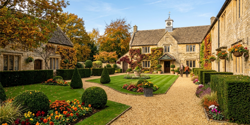 An autumn courtyard with clipped topiary, a mown lawn, beds of seasonal planting and a gravel path in front of a stone building with a clock tower
