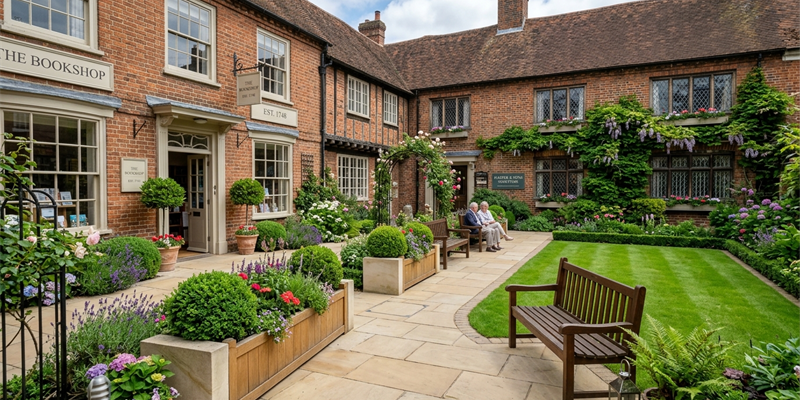 A red-brick courtyard with a mown lawn, timber planters of shrubs, wisteria and climbing plants on the walls and wooden benches
