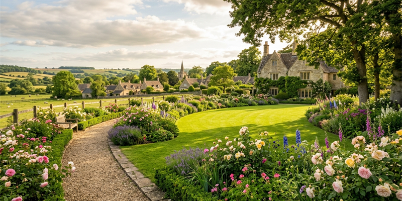 A curving gravel path beside a flowering border and mown lawn, with a stone house and a village with a church spire across fields in the distance