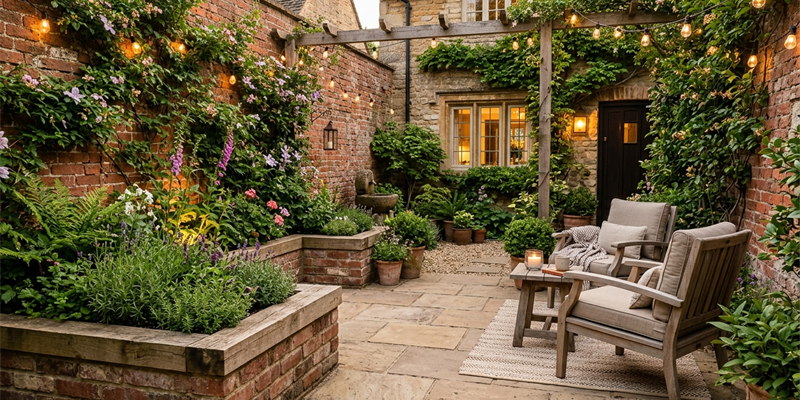 A walled courtyard garden at dusk with raised brick beds of lavender and ferns, a paved patio, wooden armchairs and string lights overhead